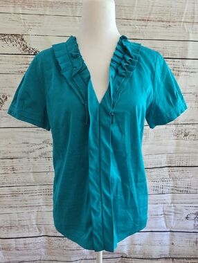 LaVia 18 Piazza Sempione Teal Ruffled V-Neck Short Sleeve Blouse Sz42
